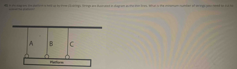 43, in the diagram, the platform is held up by three (3) strings. Strings are illustrated in diagram as the thin lines. What is the minimum number of strings you need to cut to 
unievel the platform?