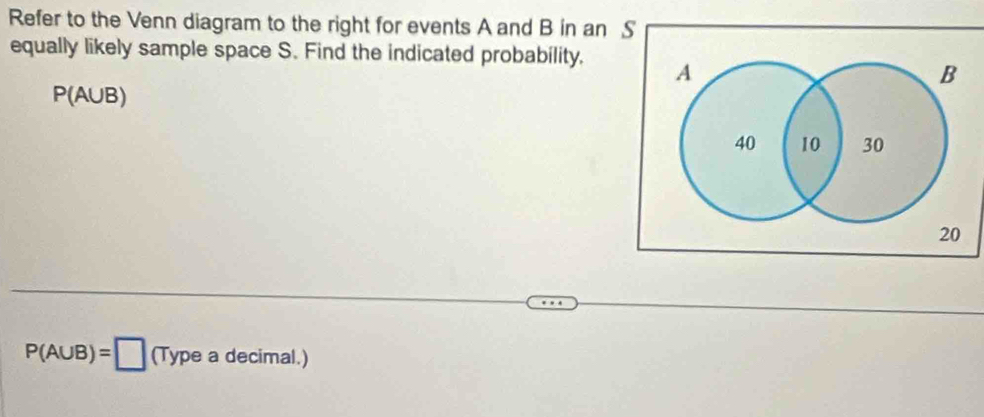 Refer to the Venn diagram to the right for events A and B in an S 
equally likely sample space S. Find the indicated probability. A
B
P(AUB)
40 10 30
20
P(A∪ B)=□ (Typeadecimal.)