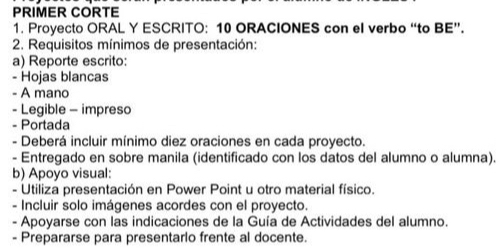 PRIMER CORTE 
1. Proyecto ORAL Y ESCRITO: 10 ORACIONES con el verbo “to BE”. 
2. Requisitos mínimos de presentación: 
a) Reporte escrito: 
- Hojas blancas 
- A mano 
- Legible - impreso 
- Portada 
- Deberá incluir mínimo diez oraciones en cada proyecto. 
- Entregado en sobre manila (identificado con los datos del alumno o alumna). 
b) Apoyo visual: 
- Utiliza presentación en Power Point u otro material físico. 
- Incluir solo imágenes acordes con el proyecto. 
- Apoyarse con las indicaciones de la Guía de Actividades del alumno. 
- Prepararse para presentarlo frente al docente.