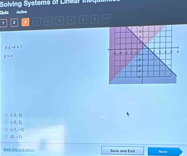 Solving Systems of Linear inequaltio
Quiz Active
1 2 3 4 6 1 B B 10
y≤ -x+1
y>x
(-3,5)
(-2,2)
(-1,-3)
(0,-1)
Mark this and return Save and Exit Next