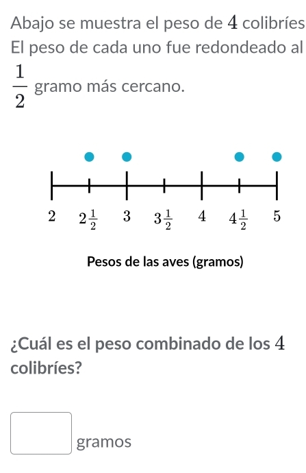 Abajo se muestra el peso de 4 colibríes
El peso de cada uno fue redondeado al
 1/2  gramo más cercano.
Pesos de las aves (gramos)
¿Cuál es el peso combinado de los 4
colibríes?
□ gramos