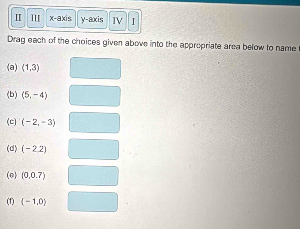 ⅢII x-axis y-axis I IV I 
Drag each of the choices given above into the appropriate area below to name 
(a) (1,3)
(b) (5,-4)
(c) (-2,-3)
(d) (-2,2)
(e) (0,0.7)
(f) (-1,0)