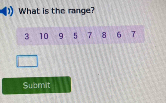 What is the range?
3 10 9 5 7 8 6 7
Submit