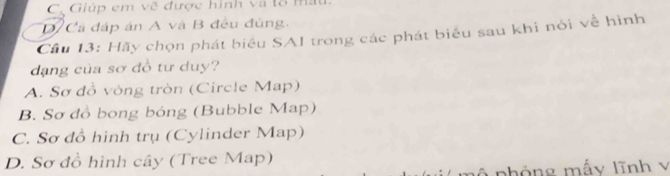 C. Giúp em vẽ được hình và tổ mâu
D Cá đáp án A và B đều đúng.
Câu 13: Hãy chọn phát biểu SAI trong các phát biểu sau khi nói về hình
dạng của sơ đồ tư duy?
A. Sơ đồ vòng tròn (Circle Map)
B. Sơ đồ bong bóng (Bubble Map)
C. Sơ đồ hình trụ (Cylinder Map)
D. Sơ đồ hình cây (Tree Map)
ô phỏng mấy lĩnh v