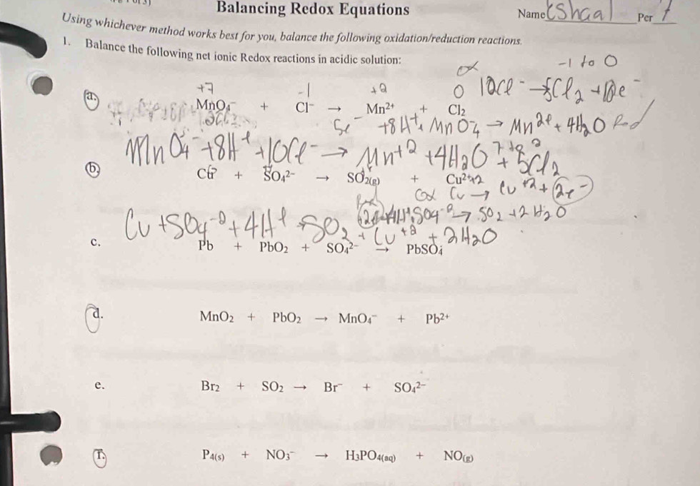 Balancing Redox Equations Name Per 
Using whichever method works best for you, balance the following oxidation/reduction reactions_ 
1. Balance the following net ionic Redox reactions in acidic solution: 
a
MnO_4^(-+ Cl Mn^2+) + Cl_2
6 c + SO
c.
Pb+PbO_2+SO_4^((2-) PbSOi 
d.
MnO_2)+PbO_2to MnO_4^(-+Pb^2+)
e.
Br_2+SO_2to Br+SO_4^((2-)
T
P_4(s))+NO_3^(-to H_3)PO_4(aq)+NO_(g)