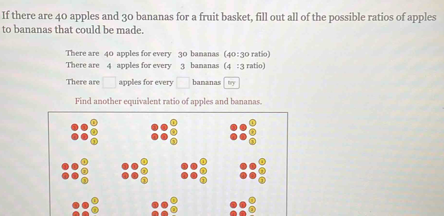 Solved: If there are 40 apples and 30 bananas for a fruit basket, fill ...