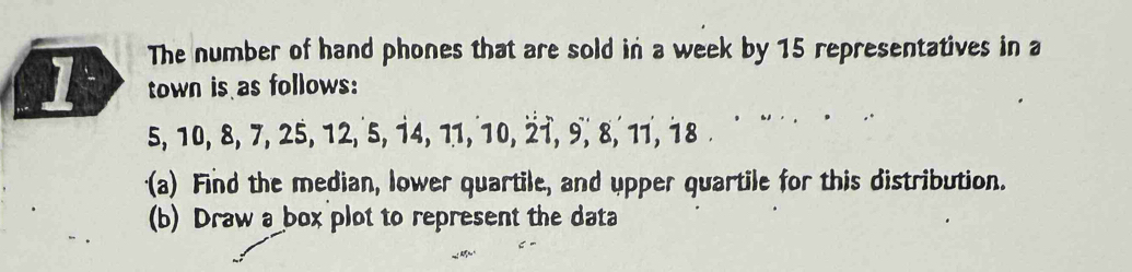 The number of hand phones that are sold in a week by 15 representatives in a
1 town is as follows:
5, 10, 8, 7, 25, 12, 5, 14, 11, 10, 21, 9, 8, 11, 18. 
(a) Find the median, lower quartile, and upper quartile for this distribution. 
(b) Draw a box plot to represent the data