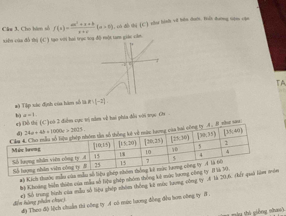 Câu 3, Cho hàm số f(x)= (ax^2+x+b)/x+c (a>0) , có đồ thị (C) như hình vẽ bên đưới. Biết đường tiệm cận
xiên của đồ thị (C) tạo với hai trục toạ độ một tam giác cân.
TA
a) Tập xác định của hàm số là Rvee  -2 .
b) a=1.
c) Đồ thị (C)có 2 điểm cực trị nằm về hai phía đối với trục Ox .
A , B như sau:
a) Kích thước mẫu c
b) Khoảng biến thiên của mẫu số liệu ghép nhóm thống kê m
c) Số trung bình của mẫu số liệu ghép nhóm thống kê mức lương công ty A là 20,6.
đến hàng phân chục).
d) Theo độ lệch chuẩn thi công ty A có mức lương đồng đều hơn công ty B .
1  màu thì giống nhau).