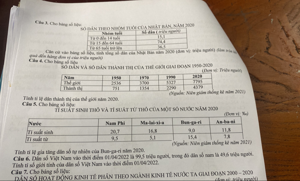 Cho bảng số liệu: 
uổi của nhật bản, năm 2020 
Căn cứ vào bảng số liệu, tính tổng số dân của Nhật Bản năm 20ệu người) (làm tròn kên 
quả đến hàng đơn vị của triệu người) 
Câu 4. Cho bảng số liệu 
SÓ DÂN VÀ SÓ DÂN THÀNH THị CủA THÊ GIỚI GIAI ĐOẠN 1950-2020 
(Đơn vị: Triệu người) 
ăm 2021) 
Tính tỉ lệ dân thành thị của thế giới năm 2020. 
Câu 5. Cho bảng số liệu: 
Tỉ suất sinh thÔ và tỉ suát tử thÔ của một số nước năm 2020 
ơn vị: ‰) 
Tính tỉ lệ gia tăng dân số tự nhiên của Bun-ga-ri năm 2020. 
Câu 6. Dân số Việt Nam vào thời điểm 01/04/2022 là 99, 5 triệu người, trong đó dân số nam là 49, 6 triệu người. 
Tính tỉ số giới tính của dân số Việt Nam vào thời điểm 01/04/2022. 
Câu 7. Cho bảng số liệu: 
DÂN SÓ HOÁT ĐỒNG KINH TÊ pHÂN THEO NGẢNH KINH TÊ NƯỚC TA GIAI đOẠN 2000 - 2020 
(đơn vị: triệu người)