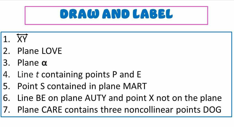 DRAW AND LABEL 
1. overleftrightarrow XY
2. Plane LOVE
3. Plane α
4. Line t containing points P and E
5. Point S contained in plane MART
6. Line BE on plane AUTY and point X not on the plane 
7. Plane CARE contains three noncollinear points DOG