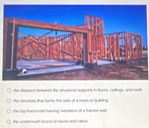 the distance between the structural supports in floors, ceilings, and roofs
the structure that forms the side of a room or building
the top horizontal framing members of a framed wall.
the undereath board of eaves and rakes.