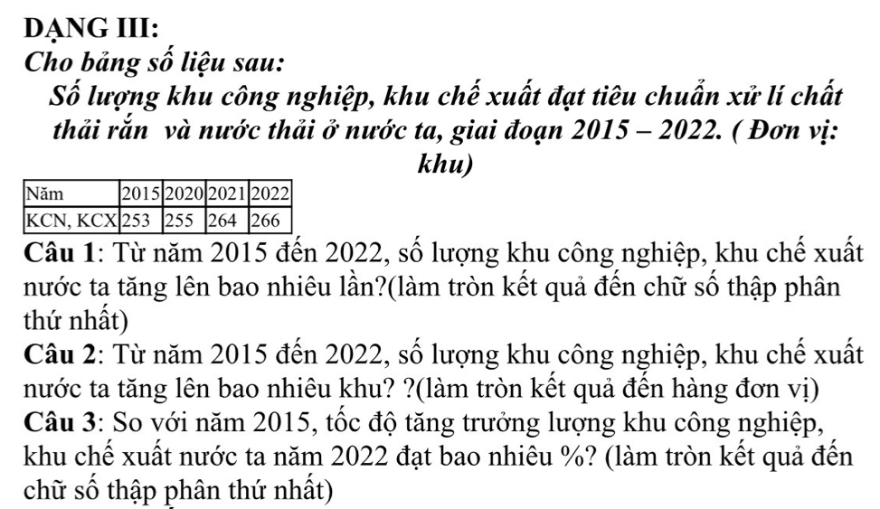 DẠNG III: 
Cho bảng số liệu sau: 
Số lượng khu công nghiệp, khu chế xuất đạt tiêu chuẩn xử lí chất 
thải rắn và nước thải ở nước ta, giai đoạn 2015 - 2022. ( Đơn vị: 
khu) 
Câu 1: Từ năm 2015 đến 2022, số lượng khu công nghiệp, khu chế xuất 
nước ta tăng lên bao nhiêu lần?(làm tròn kết quả đến chữ số thập phân 
thứ nhất) 
Câu 2: Từ năm 2015 đến 2022, số lượng khu công nghiệp, khu chế xuất 
nước ta tăng lên bao nhiêu khu? ?(làm tròn kết quả đến hàng đơn vị) 
Câu 3: So với năm 2015, tốc độ tăng trưởng lượng khu công nghiệp, 
khu chế xuất nước ta năm 2022 đạt bao nhiêu %? (làm tròn kết quả đến 
chữ số thập phân thứ nhất)