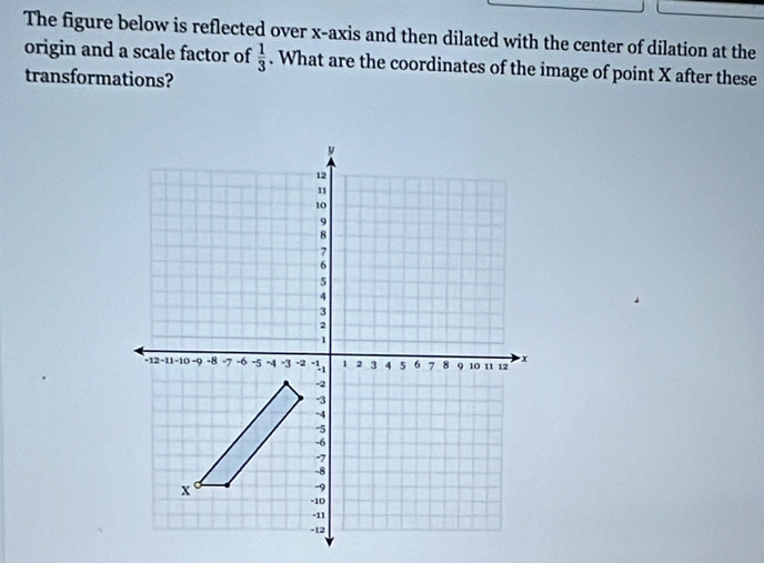 The figure below is reflected over x-axis and then dilated with the center of dilation at the 
origin and a scale factor of  1/3 . What are the coordinates of the image of point X after these 
transformations?