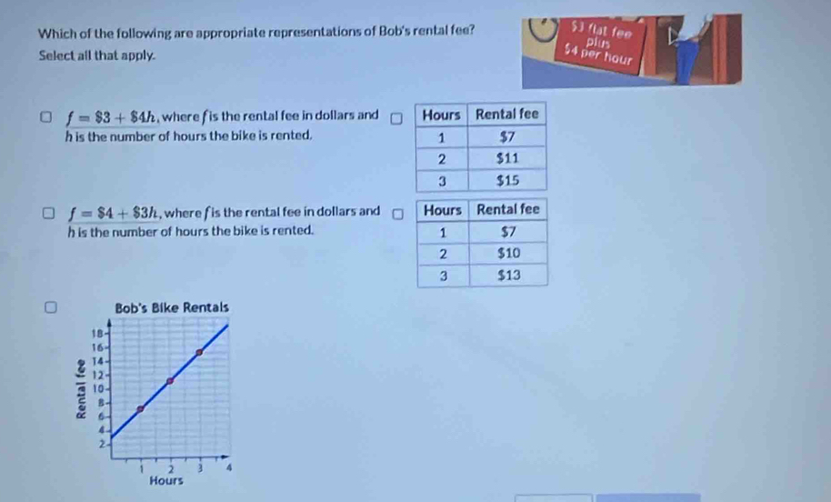 Which of the following are appropriate representations of Bob's rental fee? $3 flat fee
plus
Select all that apply.
54 per hour
f=$3+$4h , where f is the rental fee in dollars and
h is the number of hours the bike is rented.
f=$4+$3h , where f is the rental fee in dollars and
h is the number of hours the bike is rented.