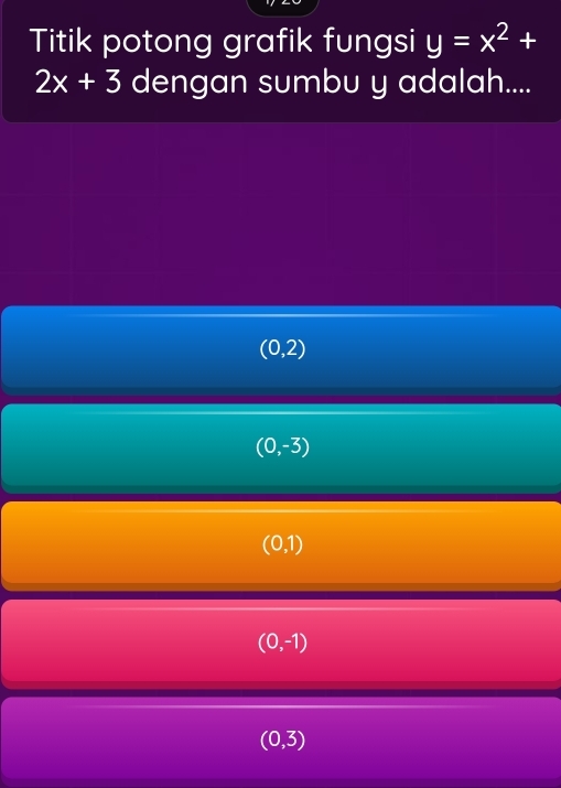 Titik potong grafik fungsi y=x^2+
2x+3 dengan sumbu y adalah....
(0,2)
(0,-3)
(0,1)
(0,-1)
(0,3)