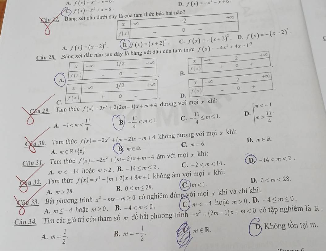 A. f(x)=x^2-x-6. D. f(x)=-x^2-x+6.
C f(x)=x^2+x-6.
Cầu 27. Bảng xét dấu dư
A. f(x)=(x-2)^2. B. f(x)=(x+2)^2. f(x)=-(x-2)^2.
(
Câu 28.sau đây là bảng xét dấu của ta f(x)=-4x^2+4x-1 ?
 
 
Cầu 29. Tam thức f(x)=3x^2+2(2m-1)x+m+4 ng với mọi x khi:
A. -1 B. - 11/4  C. - 11/4 ≤ m≤ 1. D. beginarrayl m  11/4 endarray.
Cầu 30. Tam thức f(x)=-2x^2+(m-2)x-m+4 không dương với mọi x khi:
D. m∈ R
C. m=6.
A. m∈ R| 6 . B m∈ varnothing .
Cầu 31. Tam thức f(x)=-2x^2+(m+2)x+m-4 âm với mọi x khi:
A. m hoặc m>2. B. -14≤ m≤ 2. C. -2 D -14
Cu 32. Tam thức f(x)=x^2-(m+2)x+8m+1 không âm với mọi x khi:
D. 0
A. m>28.
B. 0≤ m≤ 28. C m<1.
Cận 33. Bất phương trình x^2-mx-m≥ 0 có nghiệm đúng với mọi x khi và chỉ khi:
A. m≤ -4 hoặc m≥ 0 B. -4 C. m hoặc m>0. D. -4≤ m≤ 0.
Câu 34. Tìm các giá trị của tham số m để bất phương trình -x^2+(2m-1)x+m<0</tex>  có tập nghiệm là R .
A. m= 1/2 .
B. m=- 1/2 .
m∈ R.
D Không tồn tại m.