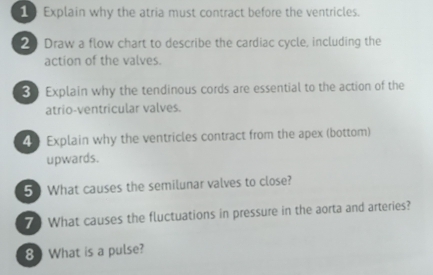 Explain why the atria must contract before the ventricles. 
2 Draw a flow chart to describe the cardiac cycle, including the 
action of the valves. 
8Explain why the tendinous cords are essential to the action of the 
atrio-ventricular valves. 
4 Explain why the ventricles contract from the apex (bottom) 
upwards. 
5 What causes the semilunar valves to close? 
T What causes the fluctuations in pressure in the aorta and arteries? 
8 What is a pulse?