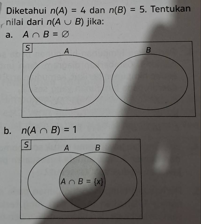 Diketahui n(A)=4 dan n(B)=5. Tentukan
nilai dari n(A∪ B) jika:
a. A∩ B=varnothing
b. n(A∩ B)=1