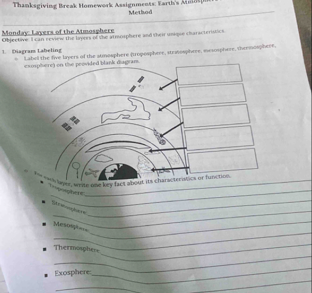 Thanksgiving Break Homework Assignments: Earth's Atmos pi 
Method 
Monday: Layers of the Atmosphere 
Objective: I can review the layers of the atmosphere and their unique characteristics 
1. Diagram Labeling Label the five layers of the atmosphere (troposphere, stratosphere, mesosphere, thermosphere, 
exosphere) on the provided blank diagram. 
rite o 
Troposphere: 
_ 
Stratosphere 
_ 
_ 
Mesospheres 
_ 
_ 
_ 
Thermosphere 
Exosphere: 
_ 
_ 
_