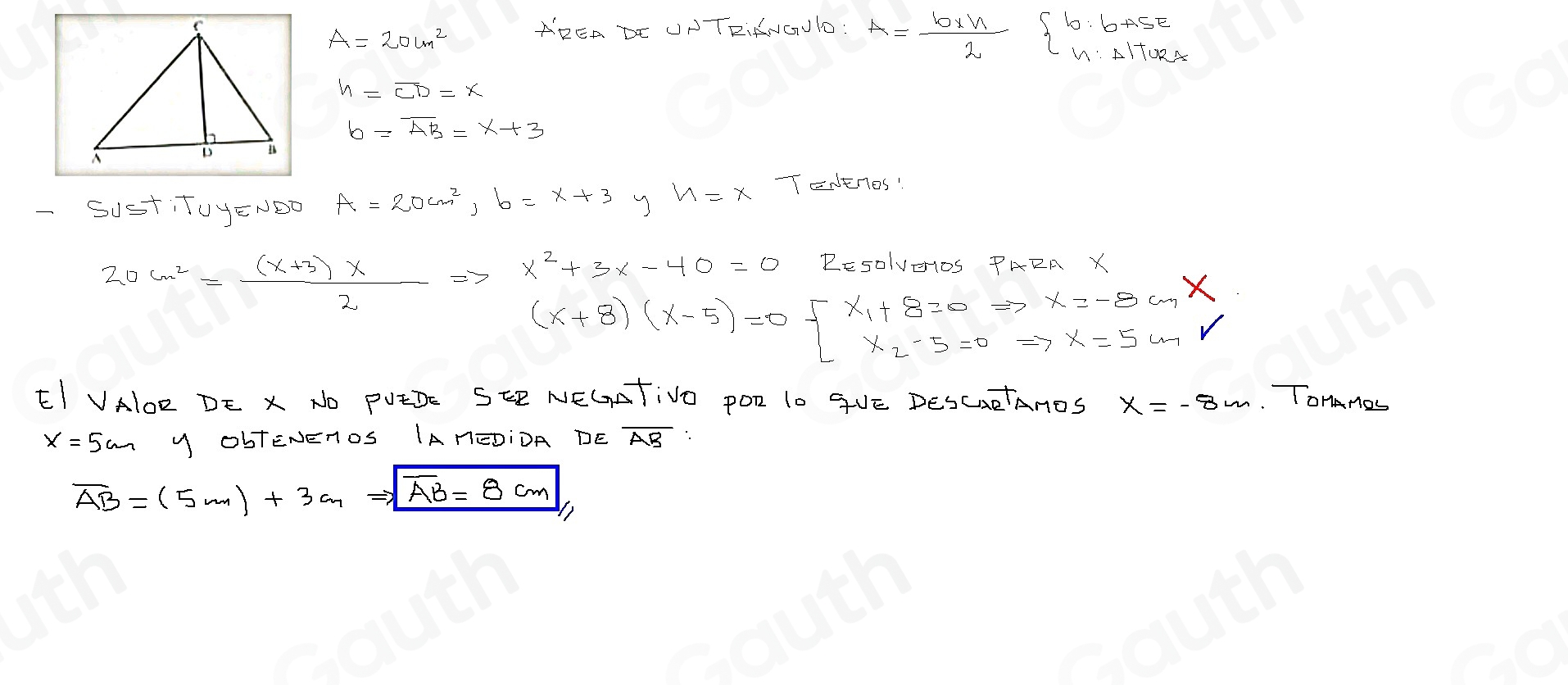 Solved: El área del triángulo ABC de la figura adjunta es 20cm^2. Si AB ...