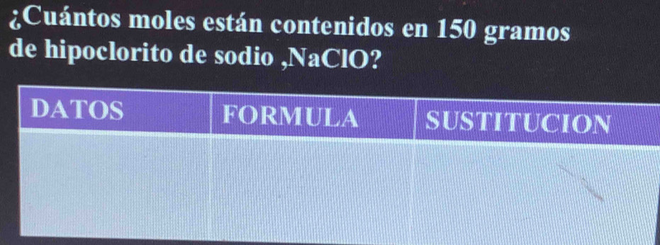 ¿Cuántos moles están contenidos en 150 gramos
de hipoclorito de sodio ,NaClO?