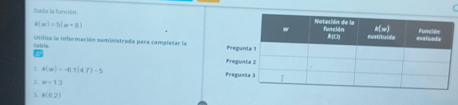 Dada la función:
a
k(w)=5(w+8)
Utiliza la información suministrada para completar la 
tabla.
1. k(w)=-6.1(4.7)-5
2. w=1.3
3. k(6.2)