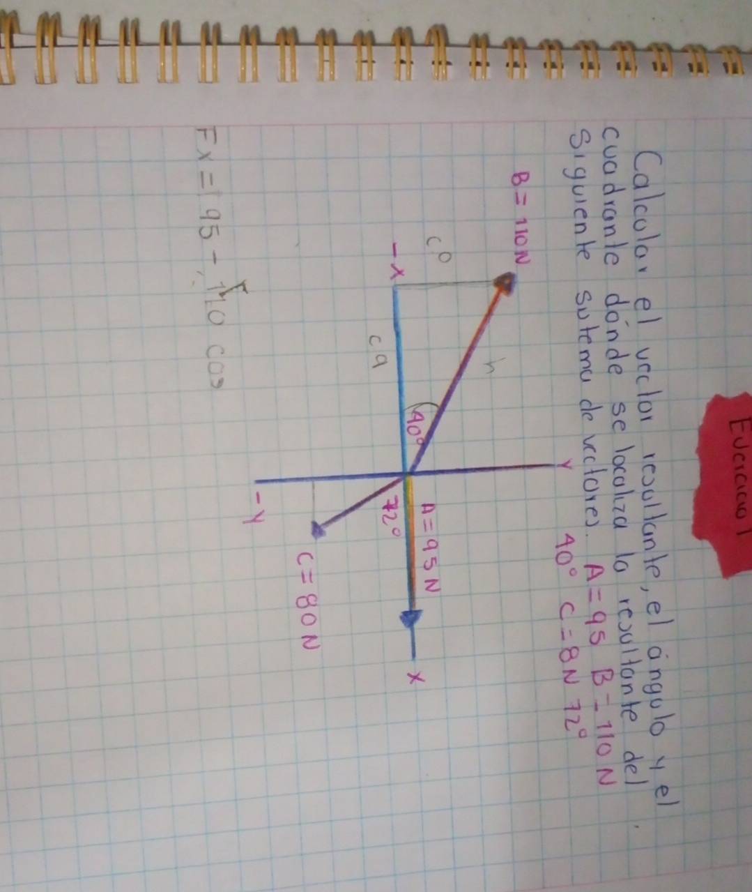 EUcicico
Calcolar el veclor resullanle, el angulo yel
cuadrante donde se locakza ta resultante del
Siquiente suremu de vectore). A=95B=110N
40°C=8N72°
Fx=95-110cos