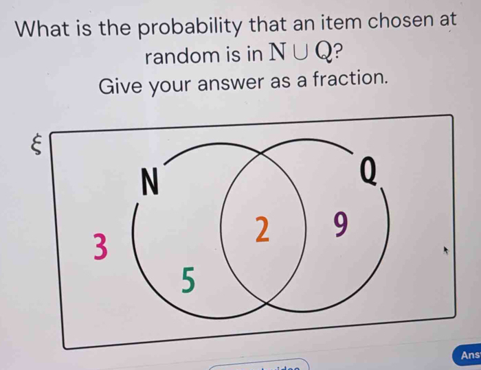 What is the probability that an item chosen at 
random is in N∪ Q ? 
Give your answer as a fraction. 
Ans