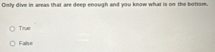 Only dive in areas that are deep enough and you know what is on the bottom,
True
False