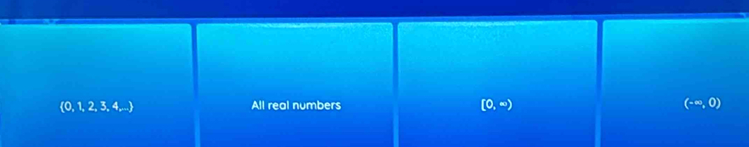  0,1,2,3,4,... All real numbers [0,∈fty ) (-∈fty ,0)