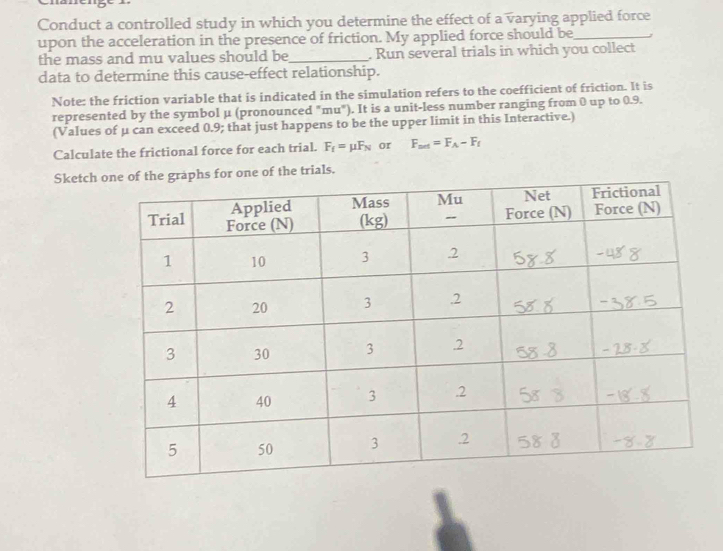 Conduct a controlled study in which you determine the effect of a varying applied force 
upon the acceleration in the presence of friction. My applied force should be_ 
the mass and mu values should be_ . Run several trials in which you collect 
data to determine this cause-effect relationship. 
Note: the friction variable that is indicated in the simulation refers to the coefficient of friction. It is 
represented by the symbol μ (pronounced "mu"). It is a unit-less number ranging from 0 up to 0.9. 
(Values of μ can exceed 0.9; that just happens to be the upper limit in this Interactive.) 
Calculate the frictional force for each trial. F_f=mu F_N or F_mi=F_A-F_f
Sketch one of the trials.