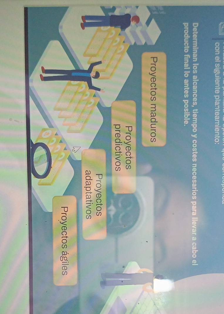 con el siguiente planteamiento:
Determinan los alcances, tiempo y costes necesarios para llevar a cabo el
producto final lo antes posible.
Proyectos maduros
Proyectos
predictivos
Proyectos
adaptativos
Proyectos ágiles