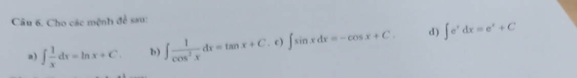 Cho các mệnh đề sau: 
a) ∈t  1/x dx=ln x+C. b) ∈t  1/cos^2x dx=tan x+C. c) ∈t sin xdx=-cos x+C. d) ∈t e^xdx=e^x+C