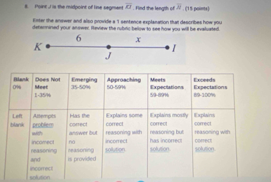 Point J is the midpoint of line segment overline KI. Find the length of overline JI. (15 points)
Enter the answer and also provide a 1 sentence explanation that describes how you
determined your answer. Review the rubric below to see how you will be evaluated.
6
x
K
I
J
Blank Does Not Emerging Approaching Meets Exceeds
096 Meet 35 - 50% 50 - 59% Expectations Expectations
1-35% 59 - 89% 89 - 100%
Left Attempts Has the Explains some Explains mostly Explains
blank problem correct correct correct correct
with answer but reasoning with reasoning but reasoning with
incorrect no incorrect has incorrect correct
reasoning reasoning solution. solution. solution.
and is provided
incorrect
solution