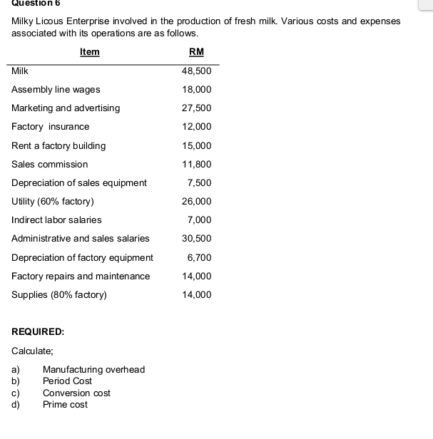 Milky Licous Enterprise involved in the production of fresh milk. Various costs and expenses 
associated with its operations are as follows. 
Item RM 
Milk 48,500
Assembly line wages 18,000
Marketing and advertising 27,500
Factory insurance 12,000
Rent a factory building 15,000
Sales commission 11,800
Depreciation of sales equipment 7,500
Utility (60% factory) 26,000
Indirect labor salaries 7,000
Administrative and sales salaries 30,500
Depreciation of factory equipment 6,700
Factory repairs and maintenance 14,000
Supplies (80% factory) 14,000
REQUIRED: 
Calculate; 
a) Manufacturing overhead 
b) Period Cost 
c) Conversion cost 
d) Prime cost