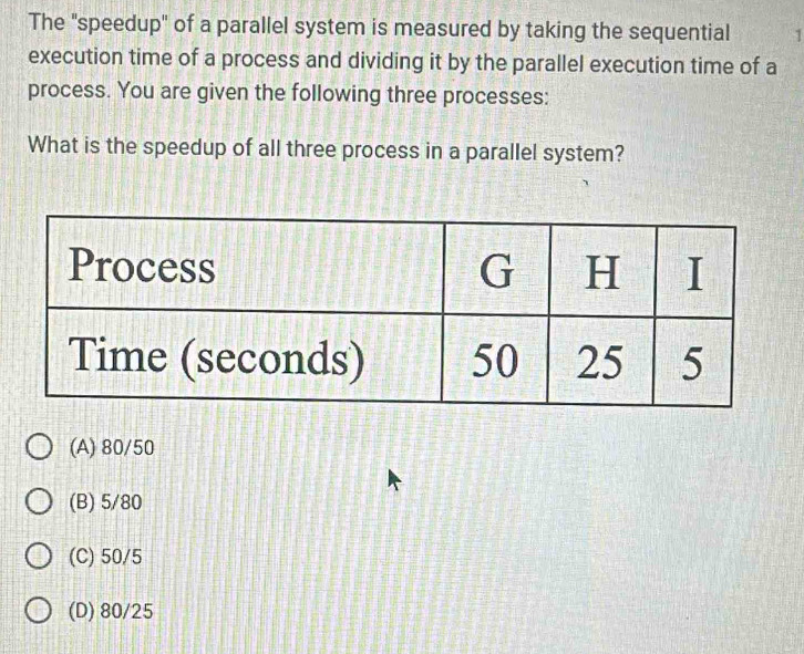 The "speedup" of a parallel system is measured by taking the sequential 1
execution time of a process and dividing it by the parallel execution time of a
process. You are given the following three processes:
What is the speedup of all three process in a parallel system?
(A) 80/50
(B) 5/80
(C) 50/5
(D) 80/25