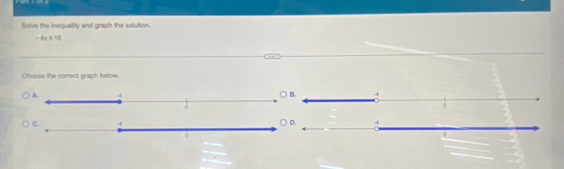 Solve the inequality and graph the solution.
-4x≤ 16
Choose the comect graph below. 
○ D.