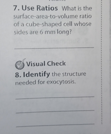 Use Ratios What is the 
surface-area-to-volume ratio 
of a cube-shaped cell whose 
sides are 6 mm long? 
_ 
Visual Check 
8. Identify the structure 
needed for exocytosis. 
_ 
_ 
_