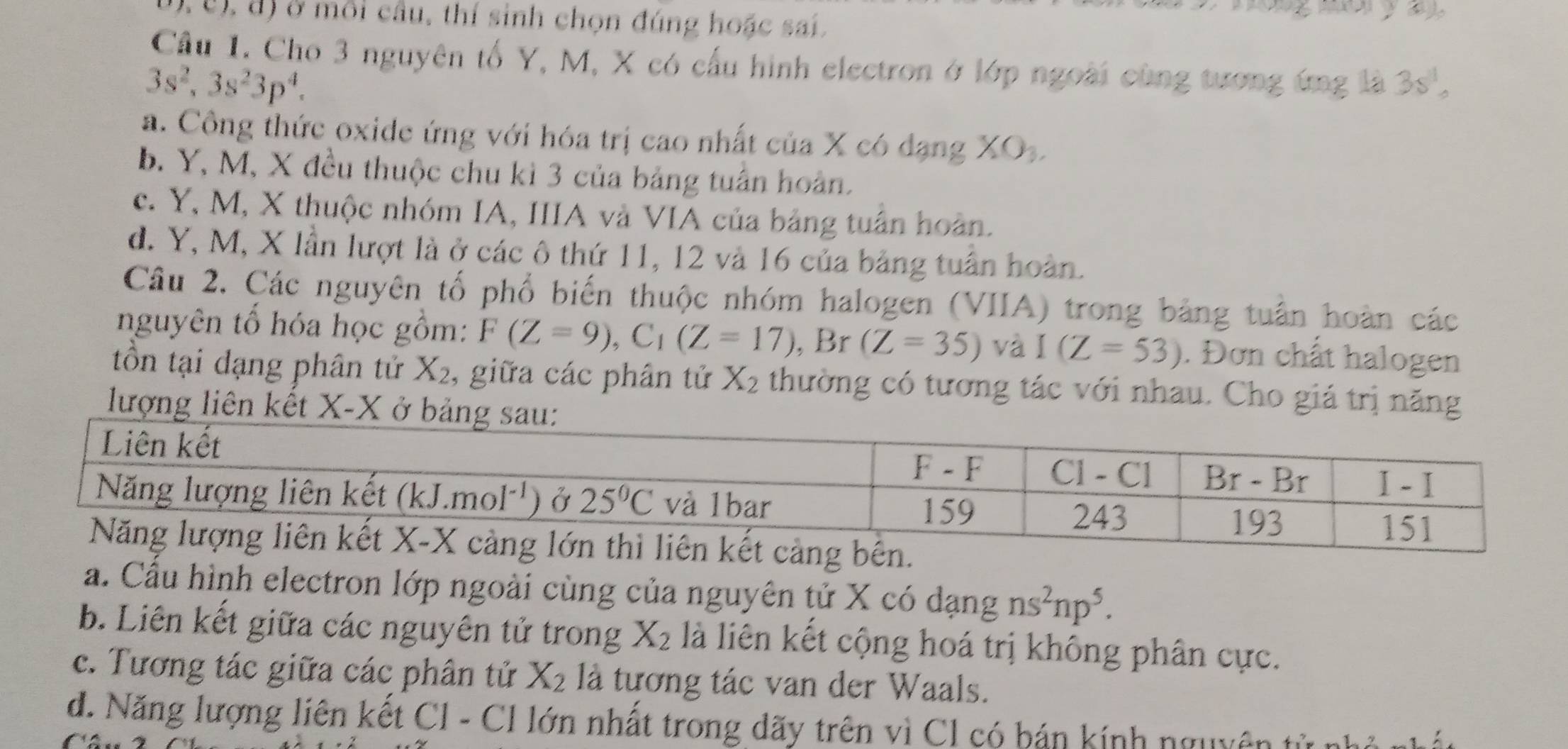 0), c), đ) ở môi câu, thí sinh chọn đúng hoặc sai.
Câu 1. Cho 3 nguyên tổ Y, M, X có cấu hình electron ở lớp ngoài cùng tương ứng là 35^1,
3s^2,3s^23p^4.
a. Công thức oxide ứng với hóa trị cao nhất của X có dạng XO_3
b. Y, M, X đều thuộc chu kì 3 của bảng tuần hoàn.
c. Y, M, X thuộc nhóm IA, IIIA và VIA của bảng tuần hoàn.
d. Y, M, X lần lượt là ở các ô thứ 11, 12 và 16 của bảng tuần hoàn.
Câu 2. Các nguyên tố phổ biến thuộc nhóm halogen (VIIA) trong bảng tuần hoàn các
nguyên tổ hóa học gồm: F(Z=9),C_1(Z=17),Br(Z=35) và I(Z=53). Đơn chất halogen
tồn tại dạng phân tử X_2 , giữa các phân tử X_2 thường có tương tác với nhau. Cho giá trị năng
lượng liên kế
a. Cầu hình electron lớp ngoài cùng của nguyên tử X có dạng ns^2np^5.
b. Liên kết giữa các nguyên tử trong X_2 là liên kết cộng hoá trị không phân cực.
c. Tương tác giữa các phân tử X_2 là tương tác van der Waals.
d. Năng lượng liên kết Cl - Cl lớn nhất trong dãy trên vì Cl có bản kính nguyên tử nhỏ