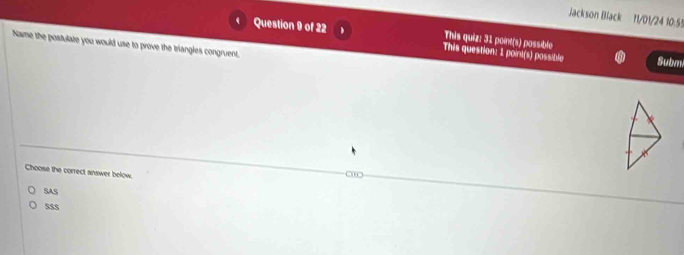 Jackson Black 11/01/24 10:55
Question 9 of 22
This quiz: 31 point(s) possible
Name the postulate you would use to prove the triangles congruent.
This question: 1 point(s) possible Subm
Choose the correct answer below.
SAS
sss