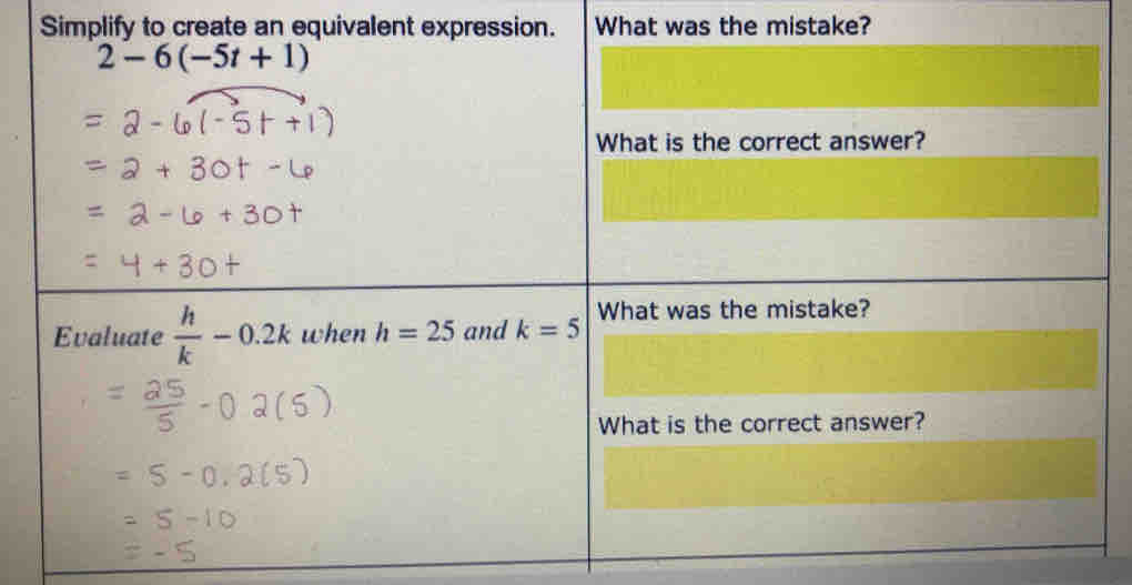 Simplify to create an equivalent expression. What was the mistake?