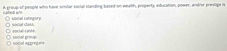 A group of people who have similar social standing based on wealth, property, education, power, and/or prestige is
called a/n
social category.
social class.
social caste.
social group.
social aggregate.