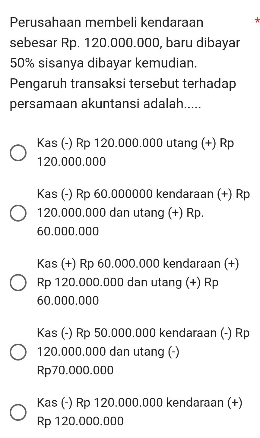 Perusahaan membeli kendaraan
*
sebesar Rp. 120.000.000, baru dibayar
50% sisanya dibayar kemudian.
Pengaruh transaksi tersebut terhadap
persamaan akuntansi adalah.....
Kas (-) Rp 120.000.000 utang (+) Rp
120.000.000
Kas (-) Rp 60.000000 kendaraan (+) Rp
120.000.000 dan utang (+) Rp.
60.000.000
Kas (+) Rp 60.000.000 kendaraan (+)
Rp 120.000.000 dan utang (+) Rp
60.000.000
Kas (-) Rp 50.000.000 kendaraan (-) Rp
120.000.000 dan utang (-)
Rp70.000.000
Kas (-) Rp 120.000.000 kendaraan (+)
Rp 120.000.000