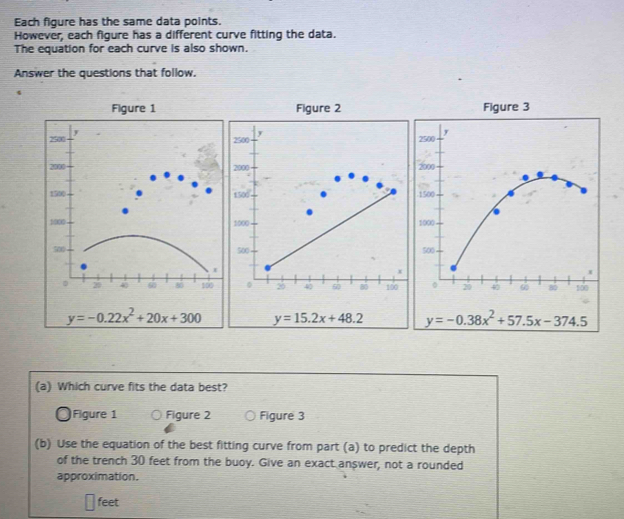 Each figure has the same data points.
However, each figure has a different curve fitting the data.
The equation for each curve is also shown.
Answer the questions that follow.
Figure 2 Figure 3
2
1

y=-0.22x^2+20x+300 y=15.2x+48.2 y=-0.38x^2+57.5x-374.5
(a) Which curve fits the data best?
Figure 1 Figure 2 Figure 3
(b) Use the equation of the best fitting curve from part (a) to predict the depth
of the trench 30 feet from the buoy. Give an exact answer, not a rounded
approximation.
feet