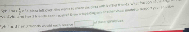  1/2  of a pizza left over. She wants to share the pizza with 3 of her friends. What fraction of the original 
Sybil has ad her 3 friends each receive? Draw a tape diagram or other visual model to support your solution. 
will Sybil . 
Sybil and her 3 friends would each receive of the original pizza.