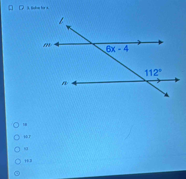 Solve for x.
18
10.7
12
19.3