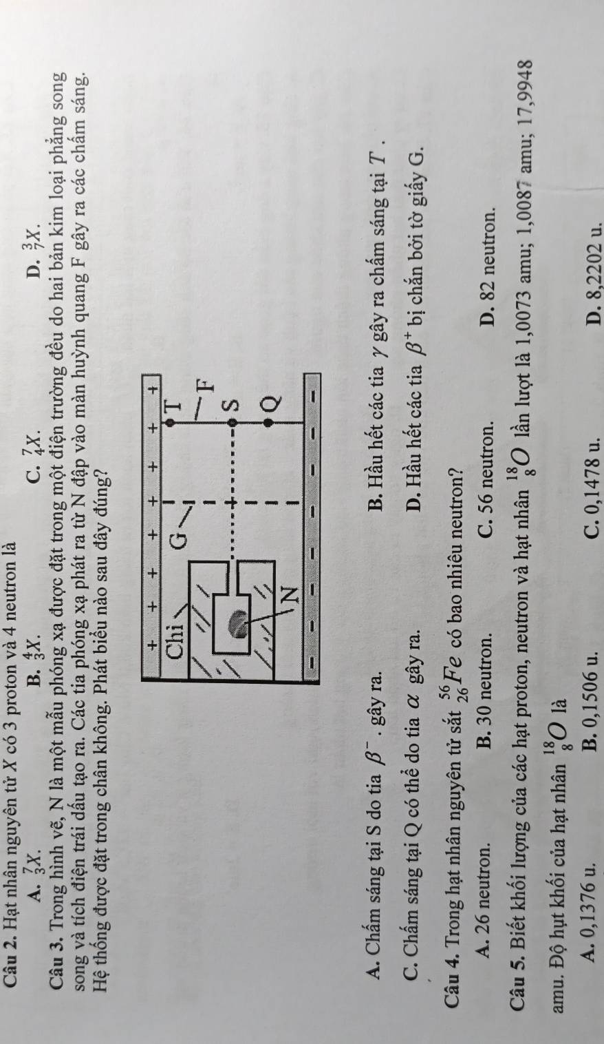 Hạt nhân nguyên tử X có 3 proton và 4 neutron là
A. _3^(7X. B. _3^4X. C. _4^7X. D. _7^3X. 
Câu 3. Trong hình vẽ, N là một mẫu phóng xạ được đặt trong một điện trường đều do hai bản kim loại phẳng song
song và tích điện trái dấu tạo ra. Các tia phóng xạ phát ra từ N đập vào màn huỳnh quang F gây ra các chấm sáng.
Hệ thống được đặt trong chân không. Phát biểu nào sau đây đúng?
A. Chấm sáng tại S do tia β¯ . gây ra. B. Hầu hết các tia y gây ra chấm sáng tại T .
C. Chấm sáng tại Q có thể do tia α gây ra. D. Hầu hết các tia beta ^+) bị chắn bởi tờ giấy G.
Câu 4. Trong hạt nhân nguyên tử sắt _(26)^(56)Fe có bao nhiêu neutron?
A. 26 neutron. B. 30 neutron. C. 56 neutron. D. 82 neutron.
Câu 5. Biết khối lượng của các hạt proton, neutron và hạt nhân _8^(18)O lần lượt là 1,0073 amu; 1,0087 amu; 17,9948
amu. Độ hụt khối của hạt nhân O là
A. 0,1376 u. B. 0,1506 u. C. 0,1478 u. D. 8,2202 u.