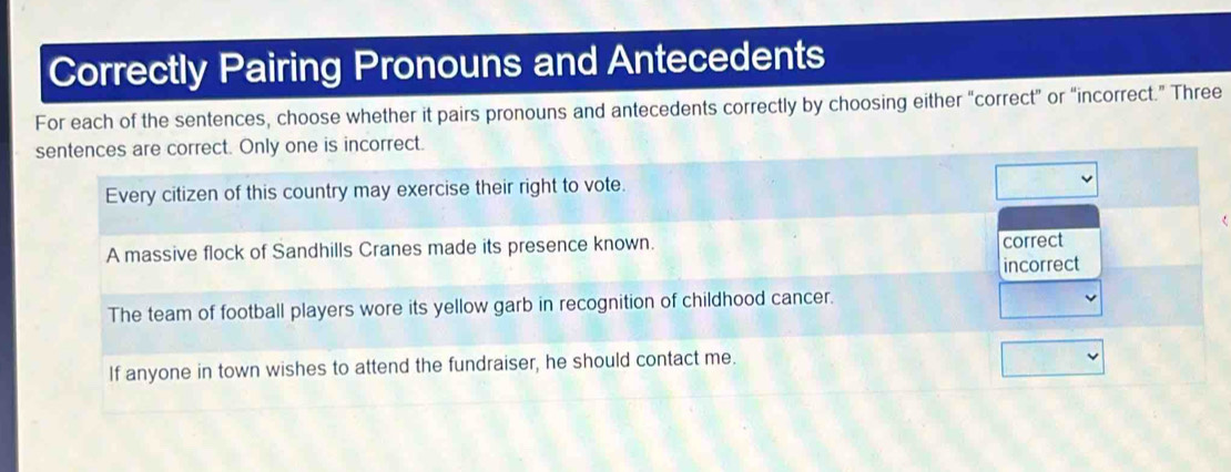 Correctly Pairing Pronouns and Antecedents 
For each of the sentences, choose whether it pairs pronouns and antecedents correctly by choosing either “correct” or “incorrect.” Three 
are correct. Only one is incorrect.