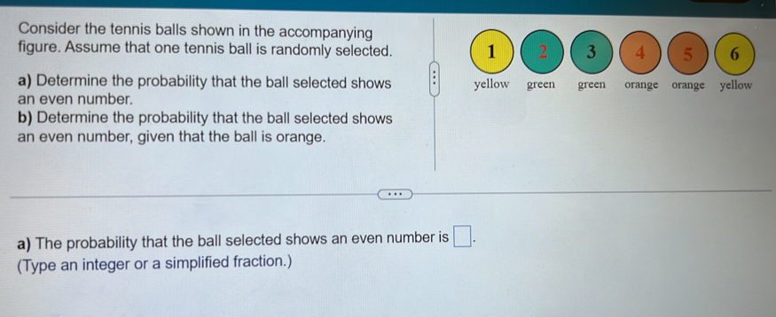 Consider the tennis balls shown in the accompanying 
figure. Assume that one tennis ball is randomly selected. 4 5 6
a) Determine the probability that the ball selected shows . yellow green green orange orange yellow 
an even number. 
b) Determine the probability that the ball selected shows 
an even number, given that the ball is orange. 
a) The probability that the ball selected shows an even number is □ . 
(Type an integer or a simplified fraction.)