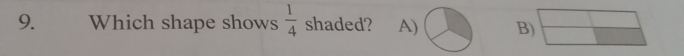 Which shape shows  1/4  shaded? A) B)